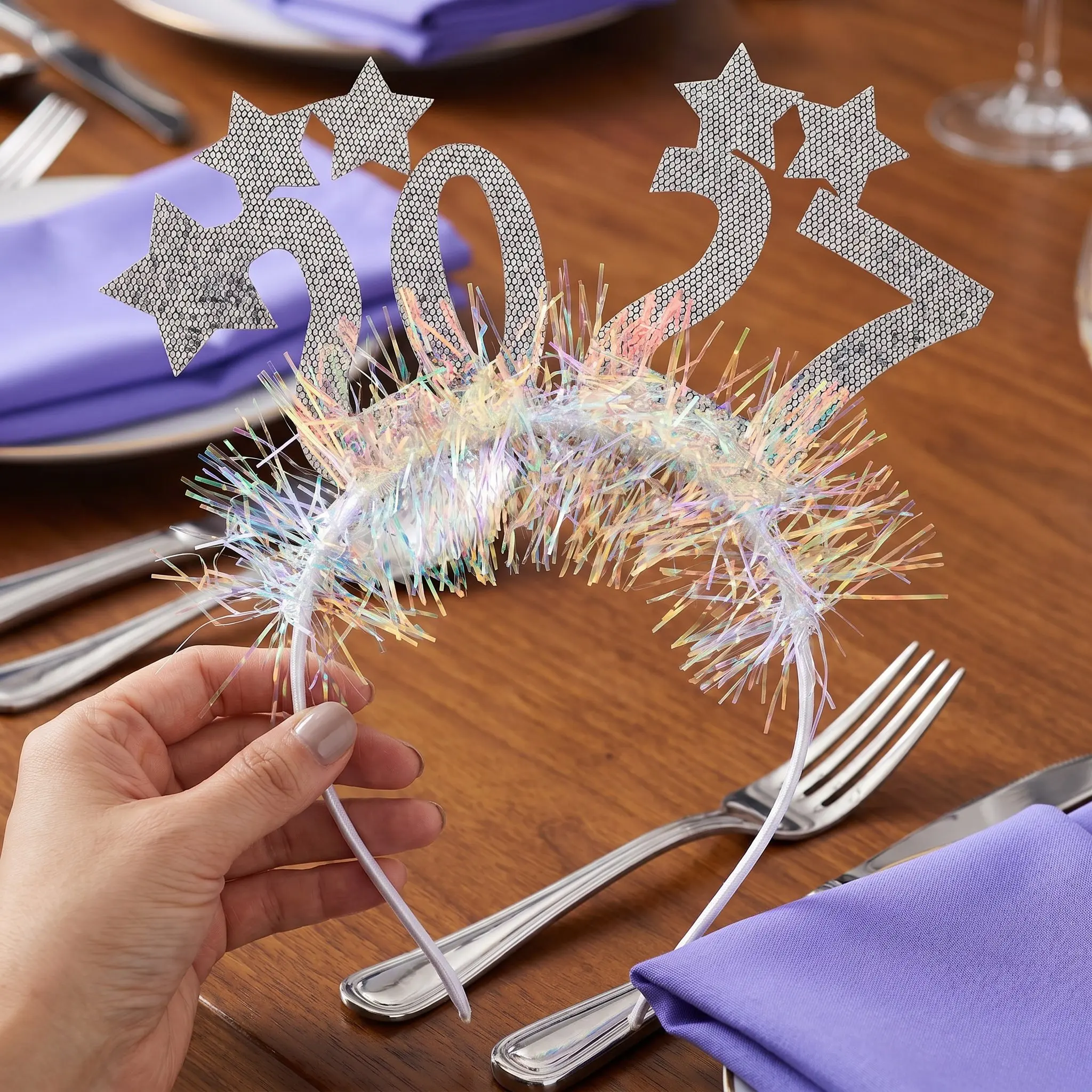 2 Sets Happy New Year Headband - Silver Glitter Party Decor Iridescent tinsel fringe party headband