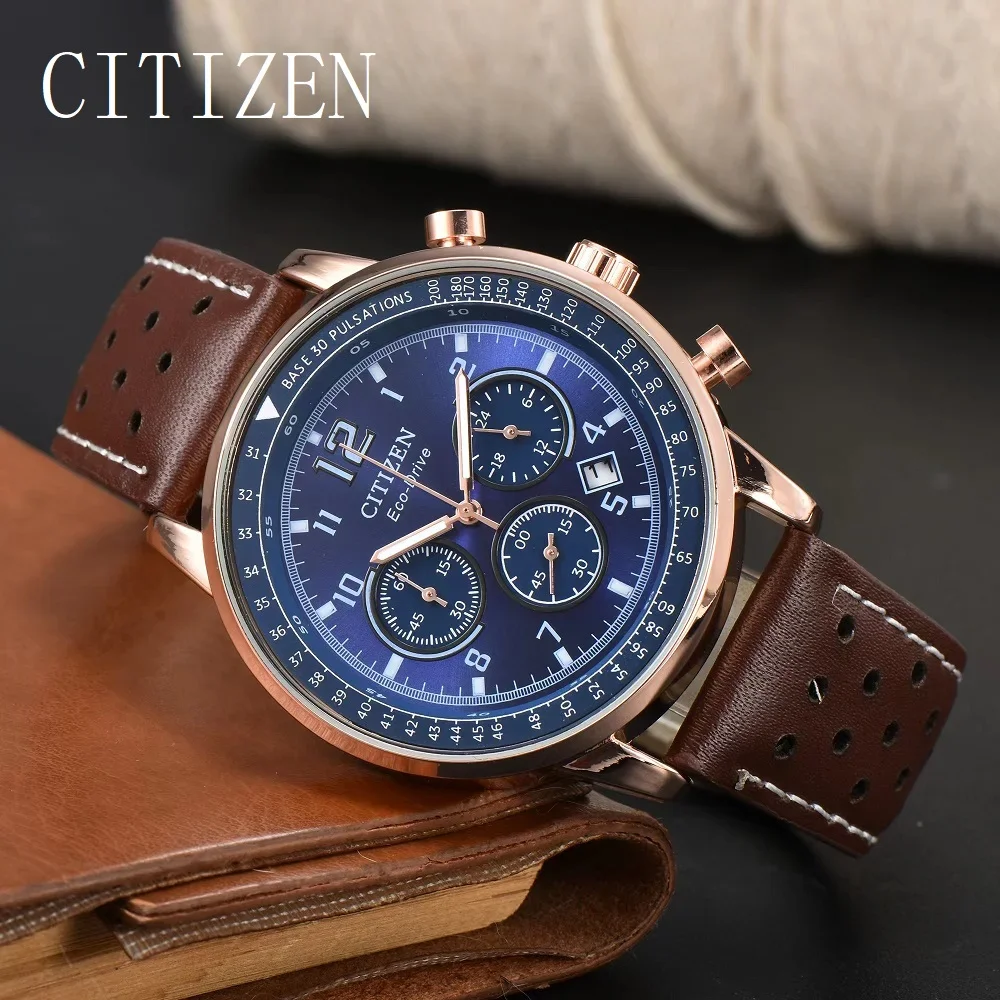 Citizen-reloj de cuarzo con correa de cuero para hombre, cronógrafo de lujo, a prueba de golpes, con energía cinética