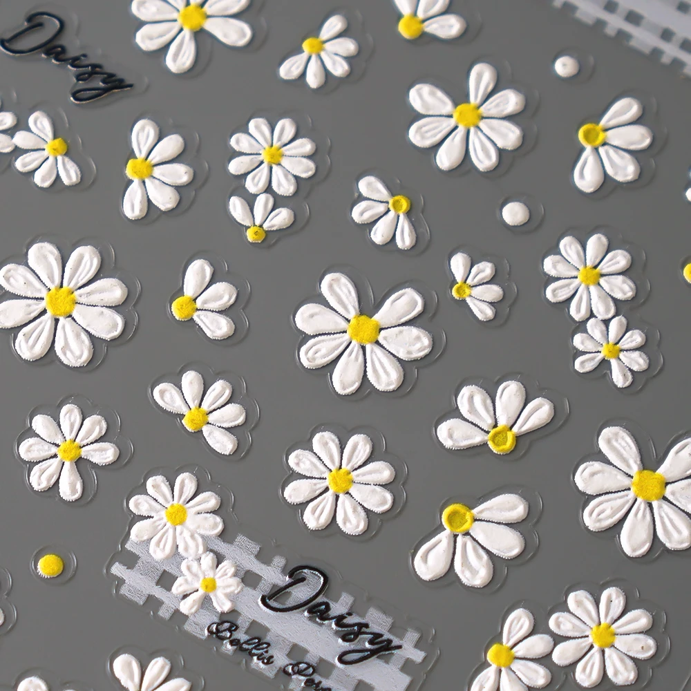 Daisy Flower Embossed 3D Nail Sticker Spring Summer Adhesive Slider Nail Art Decorations Stickers Manicure DIY Decals 1pcs nail stickers