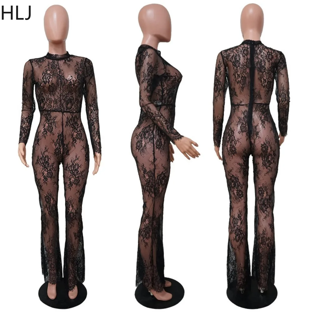 HLJ Black Sexy Lace Perspective Nightclub Jumpsuits Women O Neck Long Sleeve Slim Playsuits Fashion Lady Transparent Overalls