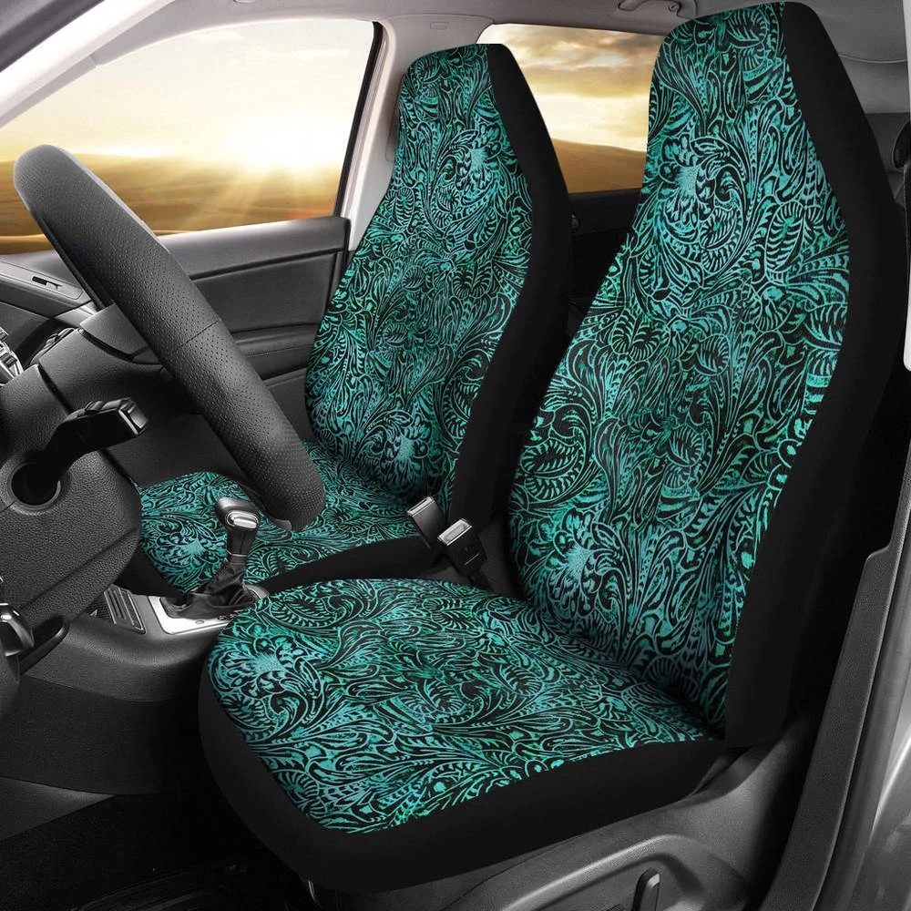 

Turquoise Tooled Leather Style Printed Texture Design Car Seat Covers,Pack of 2 Universal Front Seat Protective Cover