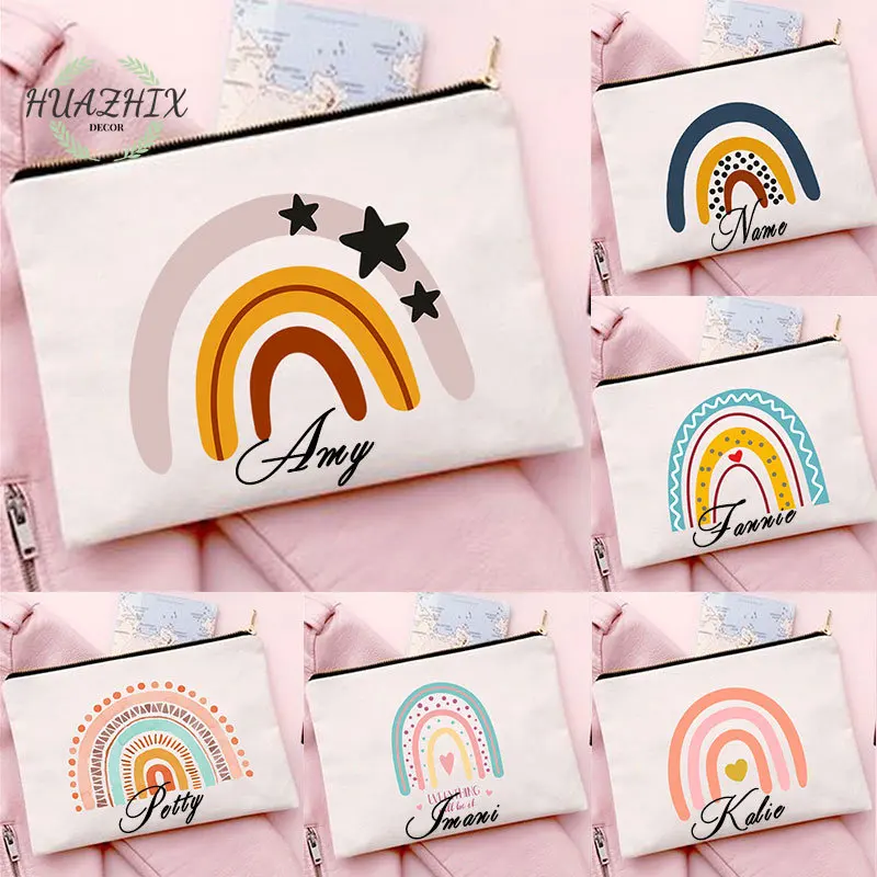 

Rainbow Print Cosmetic Bags Name Customization Women Make Up Cases Storage Pouch Toiletries Organizer Travel Gift Canvas Bag