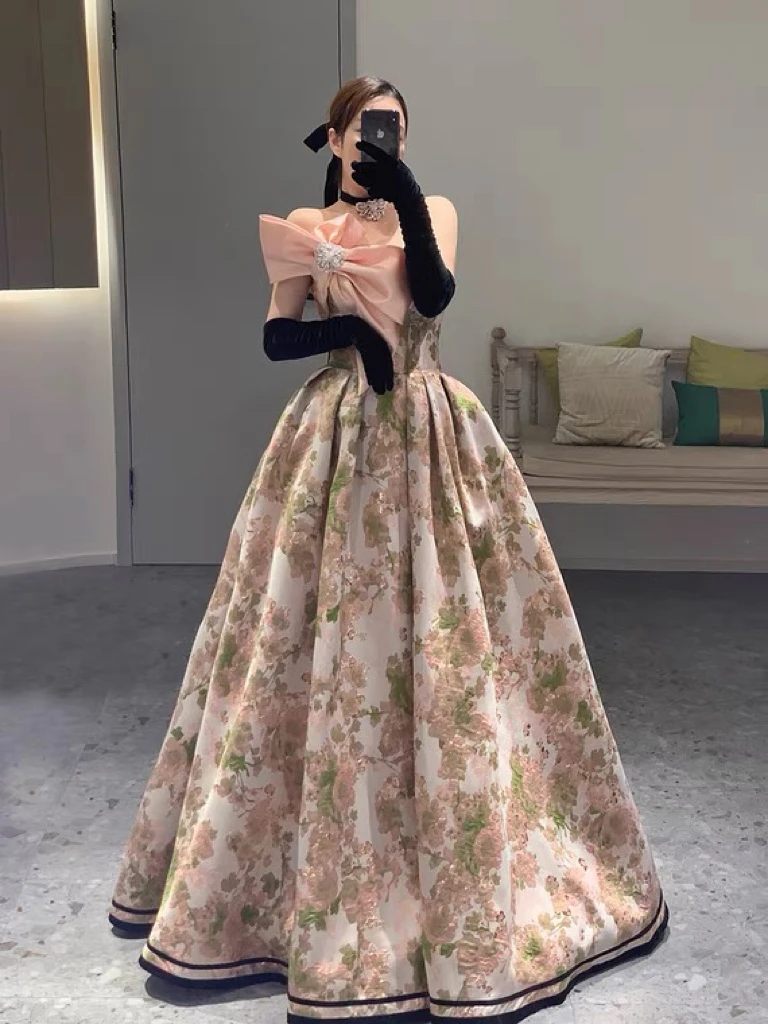 Gorgeous Strapless Evening Dresses Floral Print French Style With Bow Fairy Crystal A-line Prom Party Gowns Woman Vestido 2024