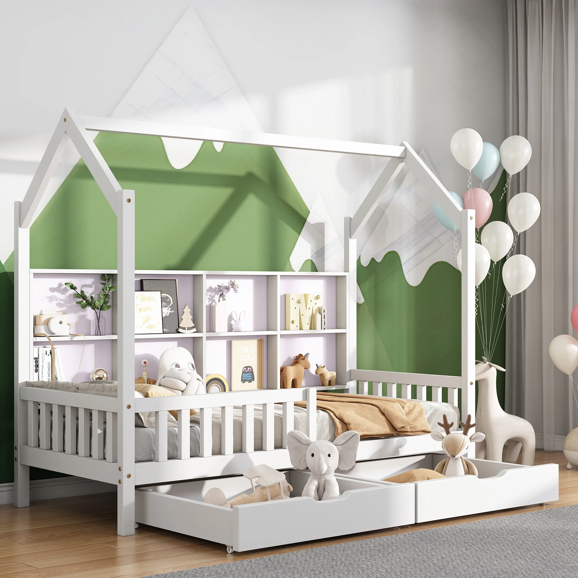 207x95x168cm Children's Bed with Multipurpose Bookshelf Storage Grid Cabinet Shelf Two Large Drawers with Fall Protection Frame