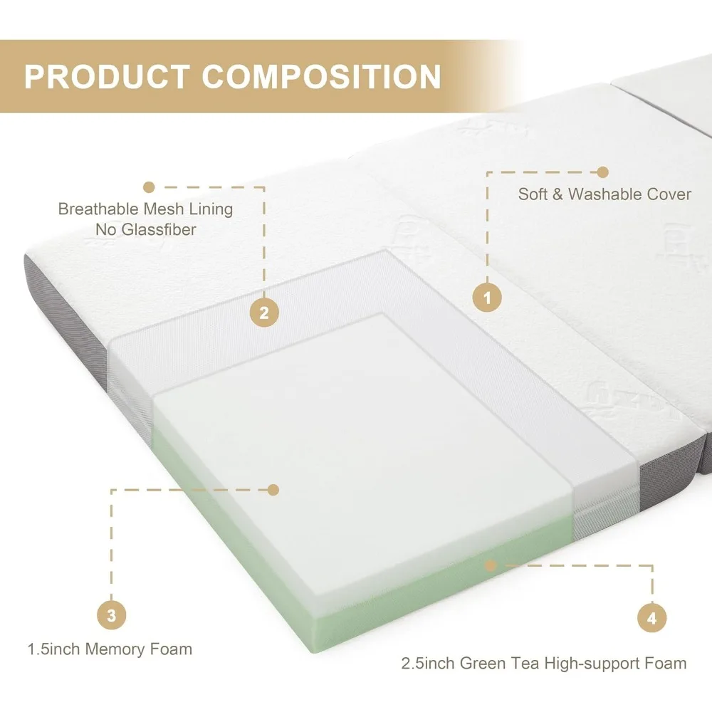 Folding mattress, 4-inch memory sponge triple fold mattress with breathable and washable bamboo fiber fabric cover 3