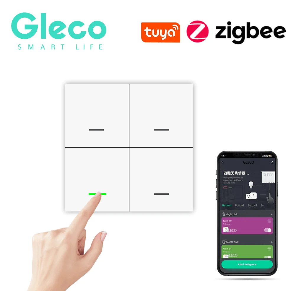 Беспроводной переключатель Gleco ZigBee, настенный кнопочный контроллер с 4 клавишами, для автоматизации сцены, для приложения Smart Life