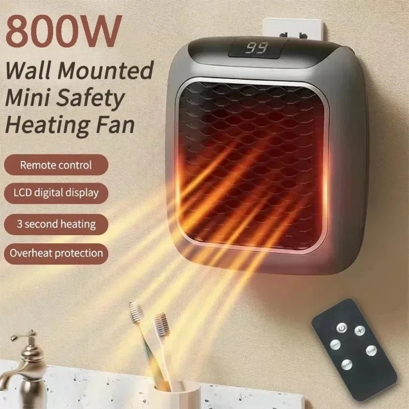 

800 Вт Мини-нагреватель для дома, маленькие вентиляторы для ванной комнаты, настенный керамический электрический нагреватель с ПДУ, сохраняет теплый вентилятор