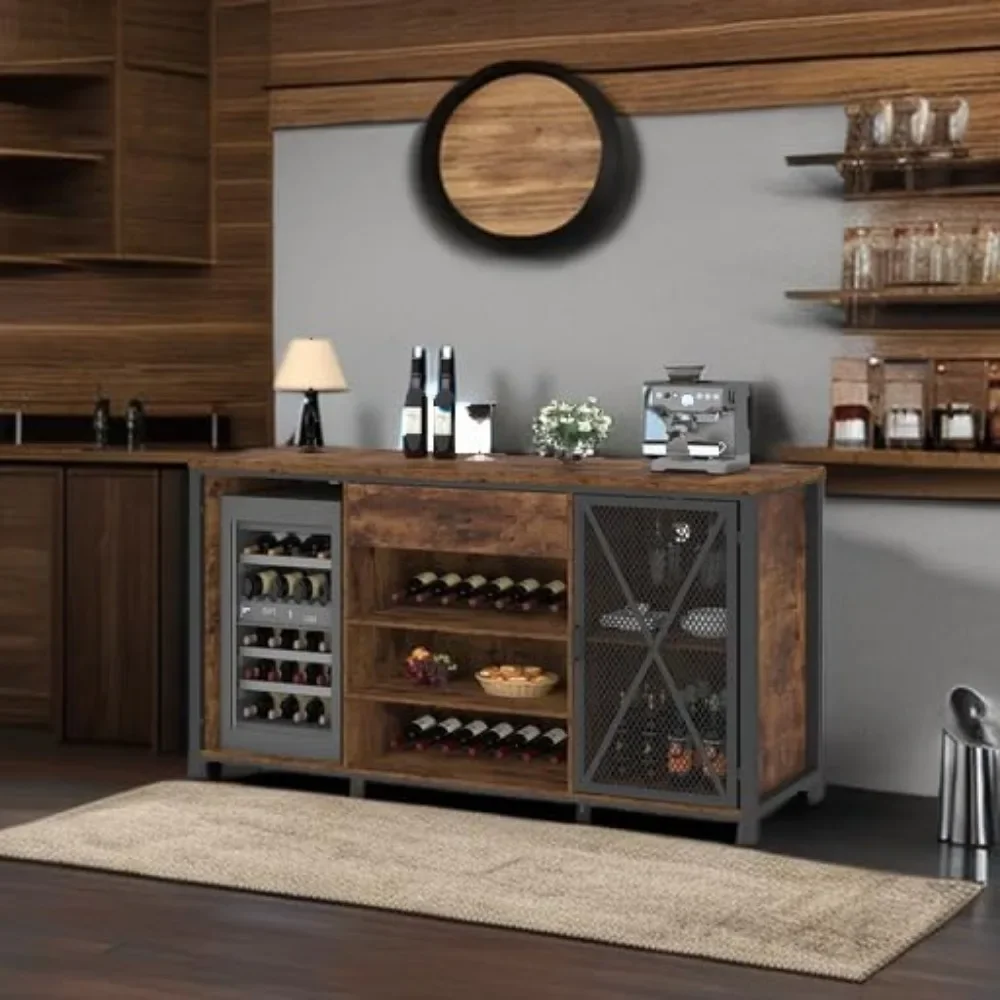 Large Bar Cabinet with Fridge Space, Rustic Long Liquor Cabinet with Drawer Storage, Farmhouse Wood Metal Wine
