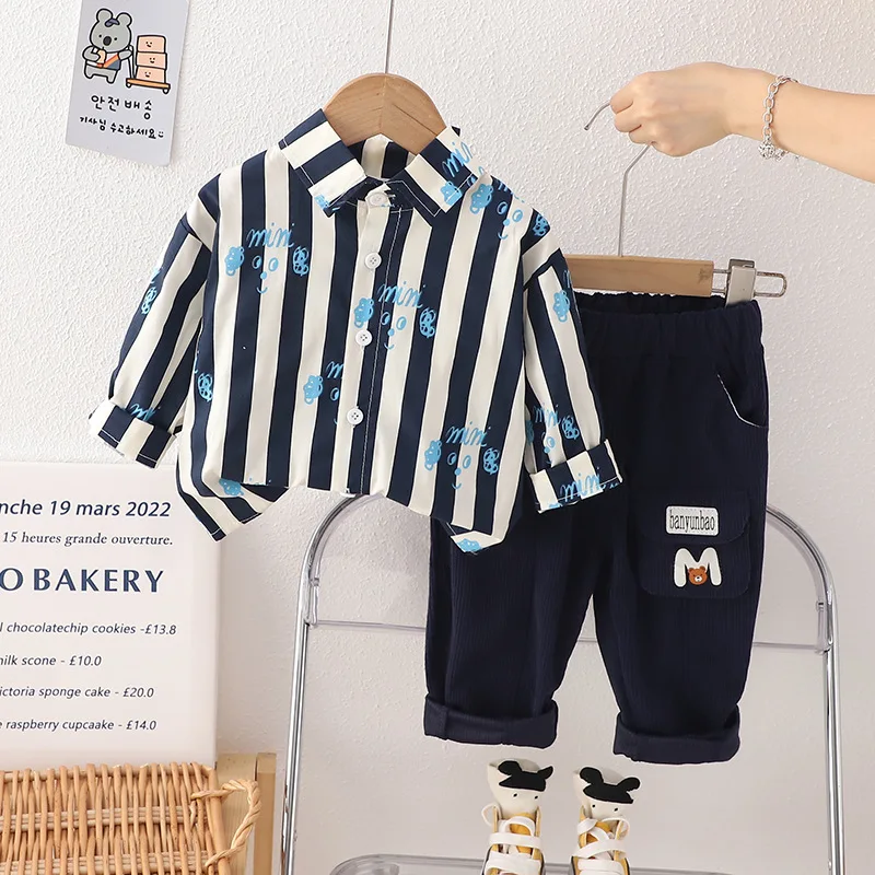 

Kids Tracksuits Boys Clothes 2 To 3 Yr Cartoon Striped Turn-down Collar Long Sleeve Shirts and Pants Suits Baby Boy Outfit Set