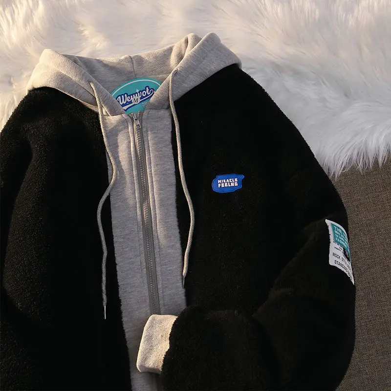 Hip-hop winter lamb wool hooded sweater women's padded jacket couple sweater top fashion fake two-piece velvet thick coat