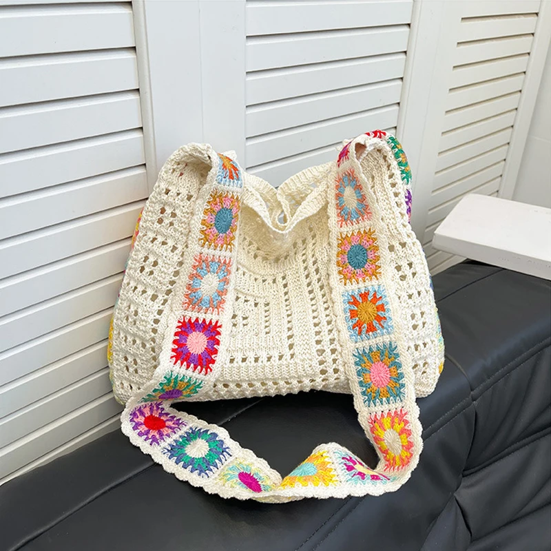 Large Capacity Fashion Cut-out Boho Tote Bag Trendy Floral Crochet Handmade Knitted Bag Vintage Multicolor Hollow Out Handbag