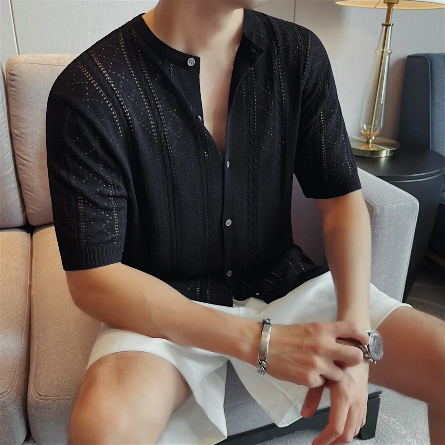 여름 린넨 혼방 니트 반팔 얇은 코트 남성용 고품질 캐주얼 통기성 속이 비치는 가디건 버튼 탑