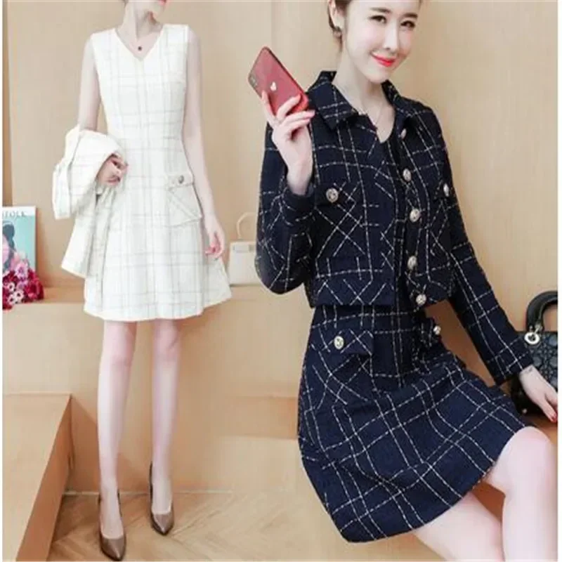 2024 Korea Elegant 2 Piece set Women Plaid Tweed Lapel Long Sleeve Jacket Coat + Retro Fashion sleeveless A-Line Dress Suit