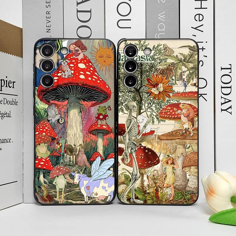 Whimsical Mushroom Collage Art Shockproof Silicone Phone Case - Soft Black Cover