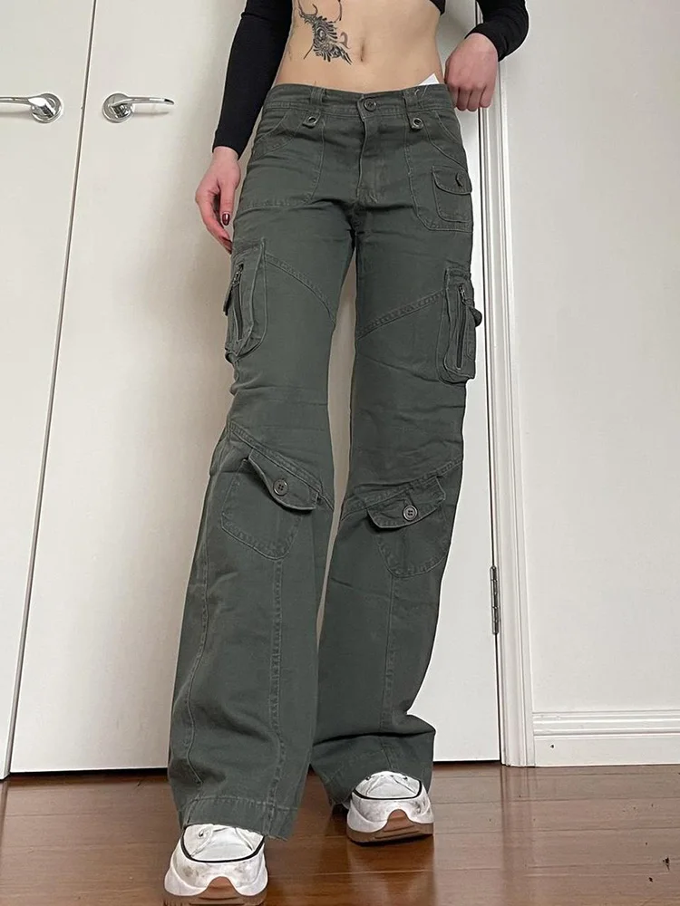 

WeiYao Retro Green Streetwear Y2K Low Rise Jeans Trousers Womens Asymmetric Pockets Stitched Vintage 90s Denim Cargo Pants