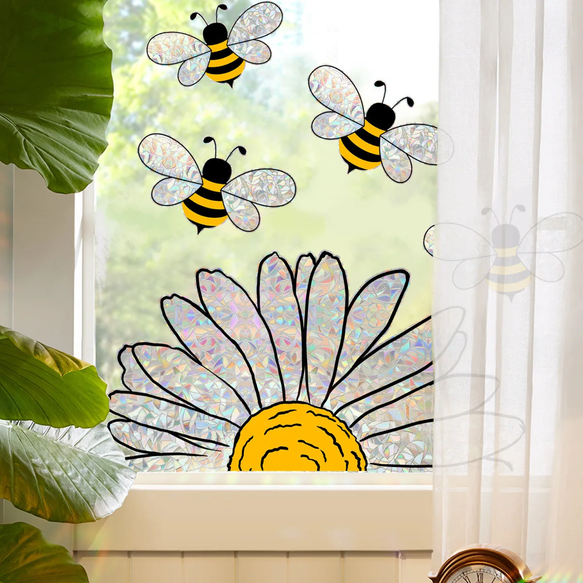New Edition Sun and Bee Colorful Double-Sided Static Cling Window Film-Privacy and Anti-Peep Window Decals