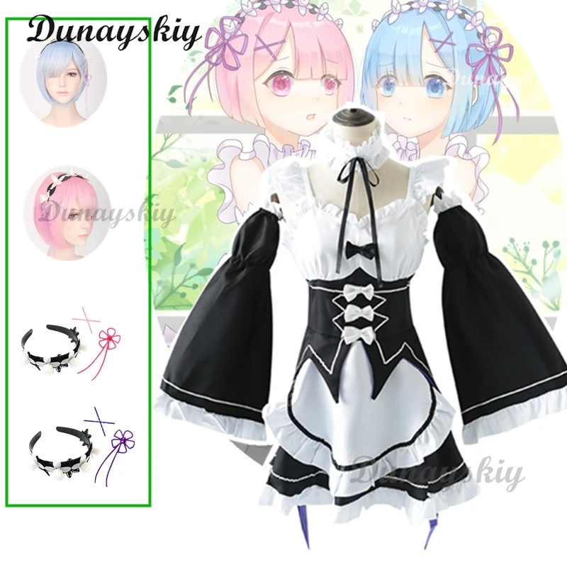 

Ram/Rem Cosplay Re:zero Kara Hajimeru Isekai Seikatsu Long Wig Costumes Dress Headdress Party Suit Anime Maid Dress Costume