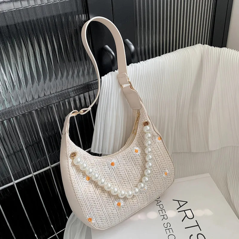 Fashion Flower Embroidery Straw Shoulder Messenger Bags Women\'s Pearl Design Woven Bag New Summer Beach Straw Bag Female Handbag