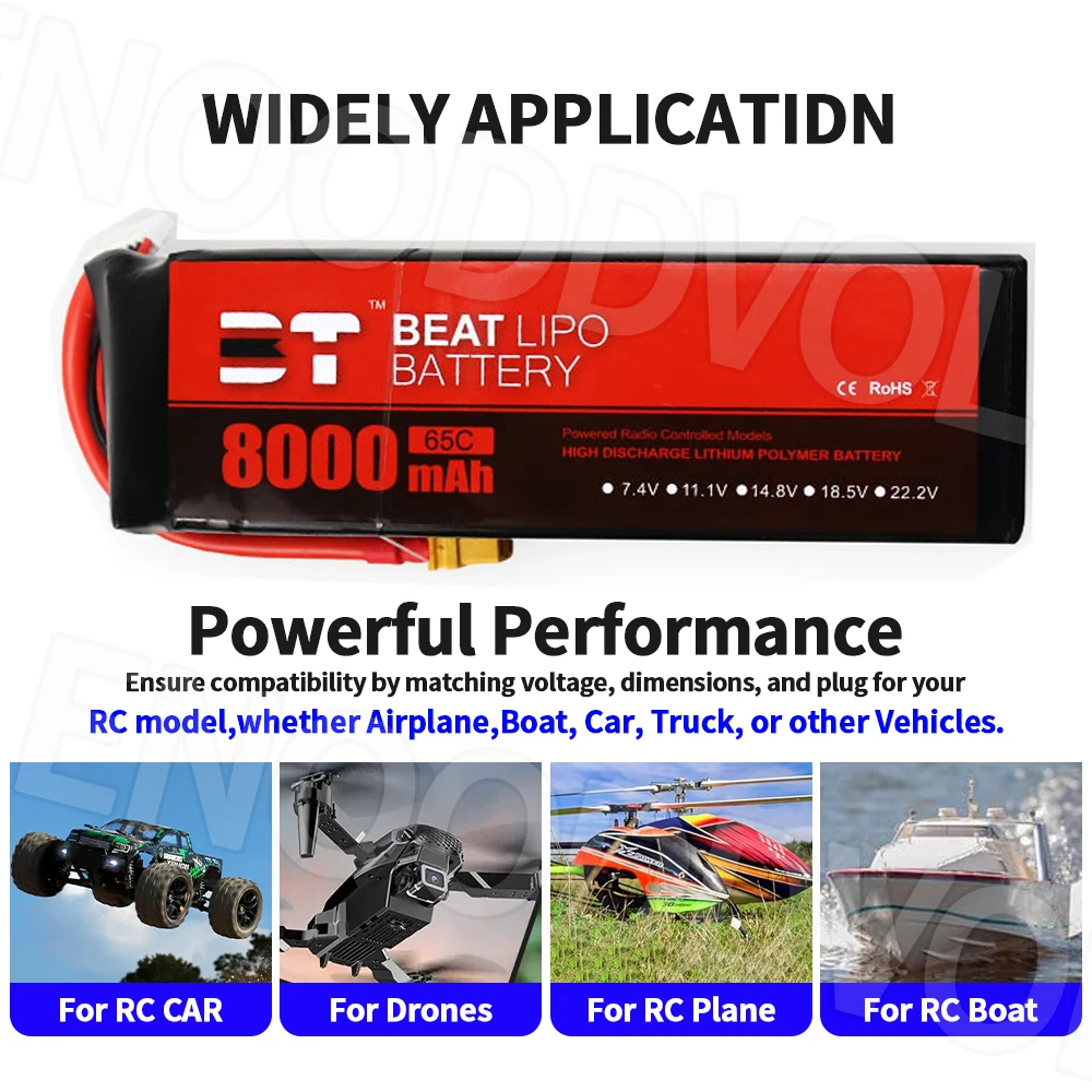 Prise XT60/T en gros plan sur la batterie Lipo 22.2V 6S 8000mAh 65C pour voiture RC