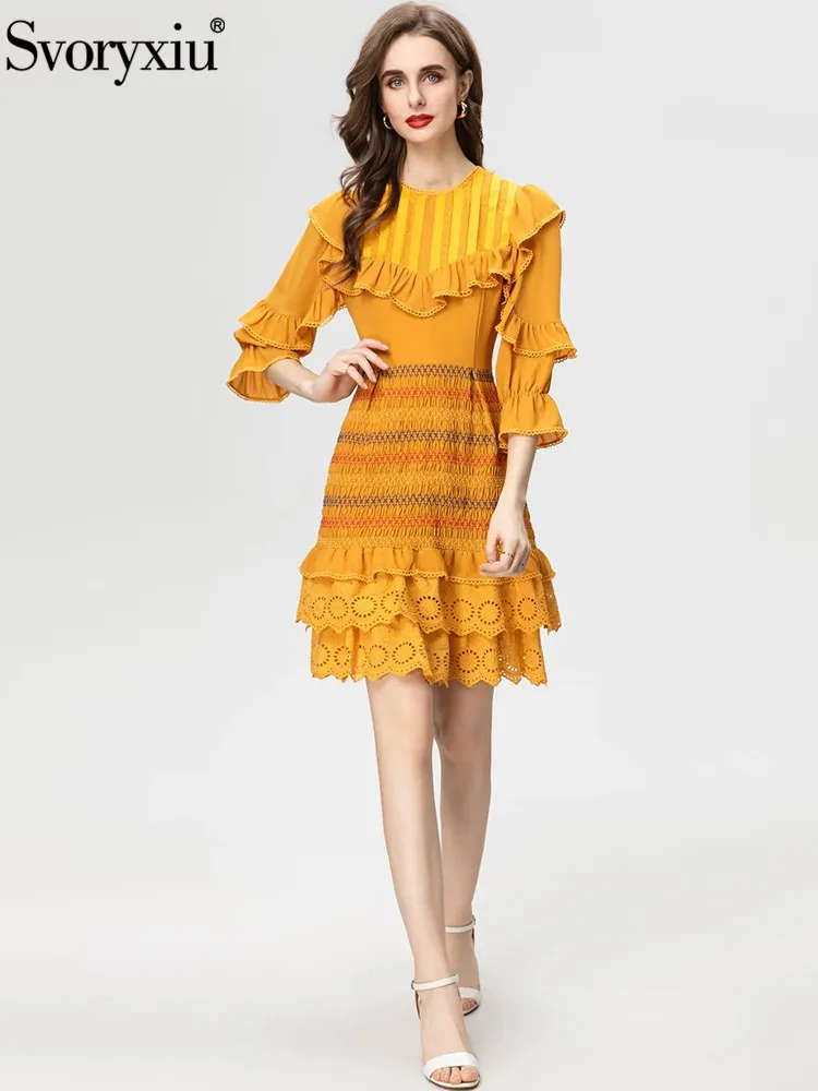 

Svoryxiu Fashion Runway Autumn Yellow Color High Waist Mini Dress Women O-Neck Flounces Sleeve Ruched A-Line Flounces Hem Dress