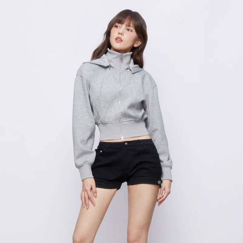 

Women Zip Through Crop Fleece Sweatshirt With Wide Ribbed Trims And Detachable Hood