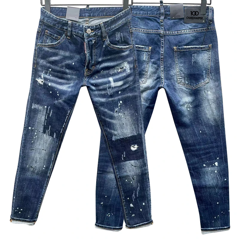 chareiharper dsq 9116 men's skinny Skinny jeans Ripped fabric Stretch Paint Splash black patchwork jeans