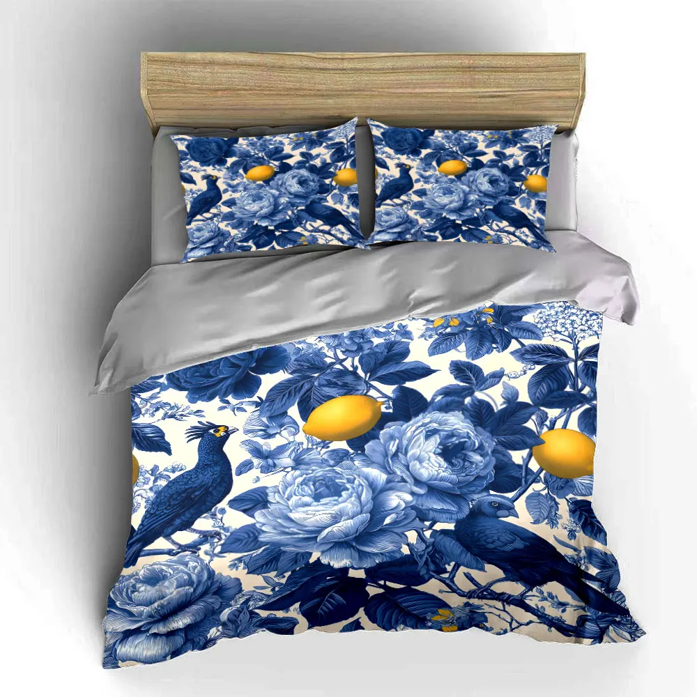 3pcs Blue floral with lemon birds Duvet Cover Set with 3D Printing Design Soft Polyester Bedding Set All-Season Comfort 3