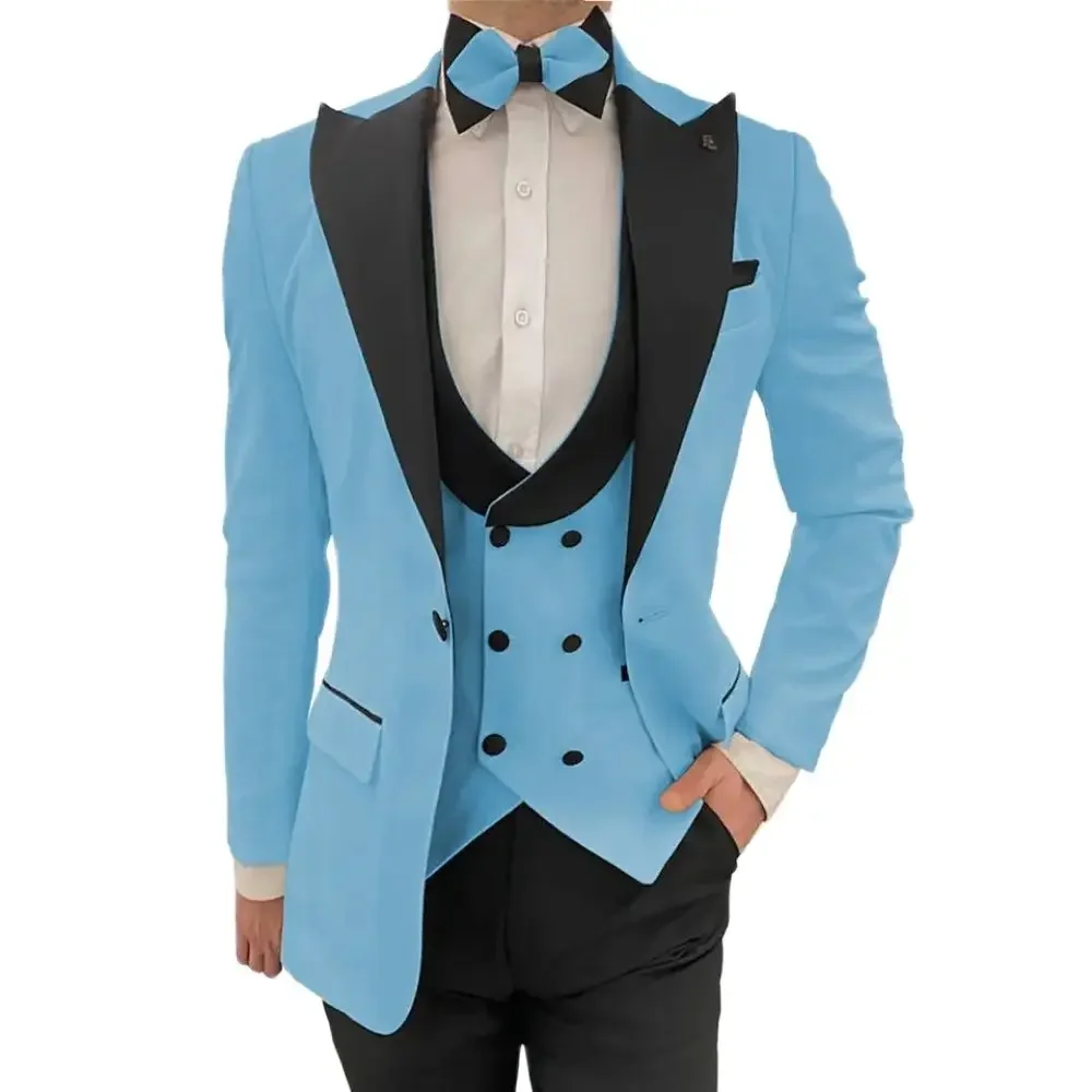 Classic Design Men Tuxedo Suits 3 Pieces Set Slim Fit Peaked Lapel Double Breasted Wedding Blazer+Vest+Pants Prom Suits Wear