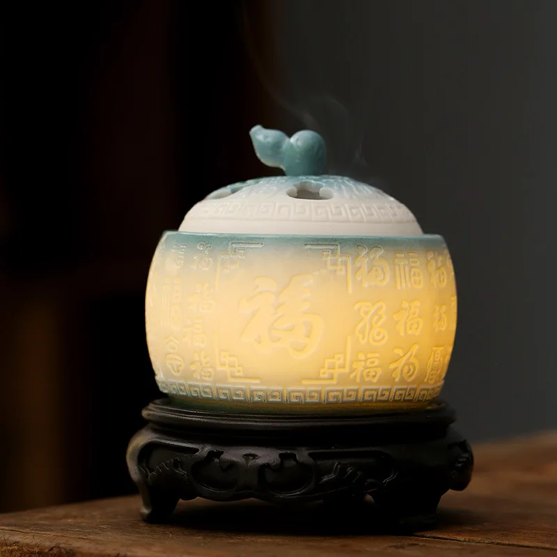 Relief Incense Burner Night Light Ceramic Plate Incense Burner Zen Study Tea Room Ornaments Incense Burner Incense Tea Ceremony