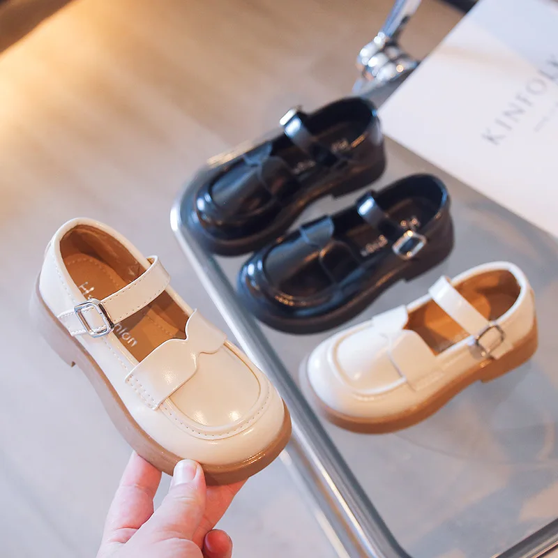 Spring New British Style Loafers Round Toe Girls Hook & Loop Simple Solid Beige Leather Shoes for School Children Fashion leather shoes,girls shoes,girls flats