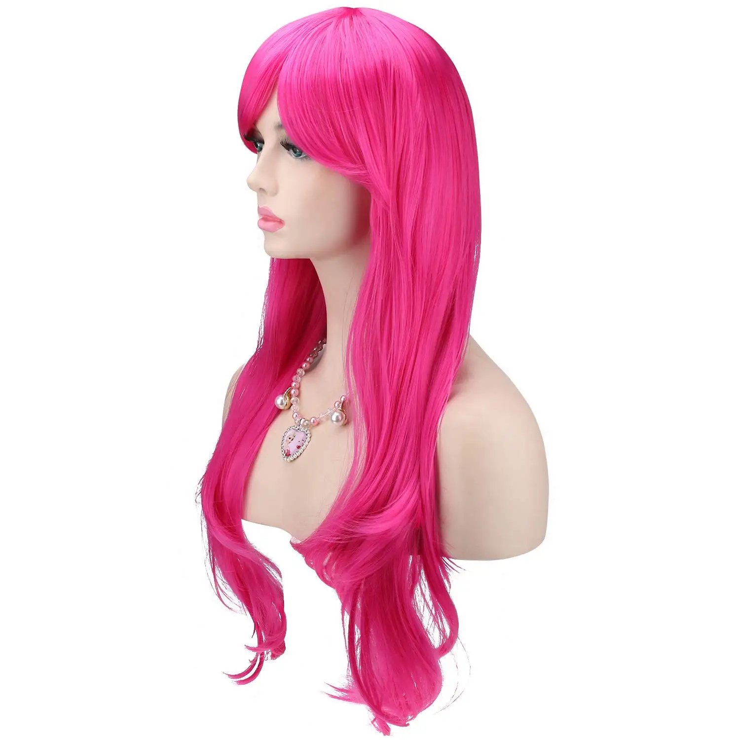 26 Inches Hot Pink Wig Long Wavy Wig with Bangs Synthetic 