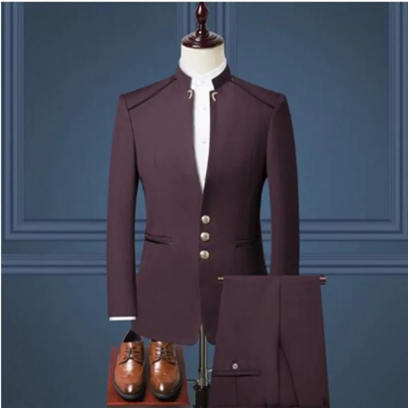 

Burgundy Chinese Style Stand Collar Slim Fit Male Zhong Shan Blazer Vest Pants Groom Tuxedos Costume Homme Business Suits 3PCS