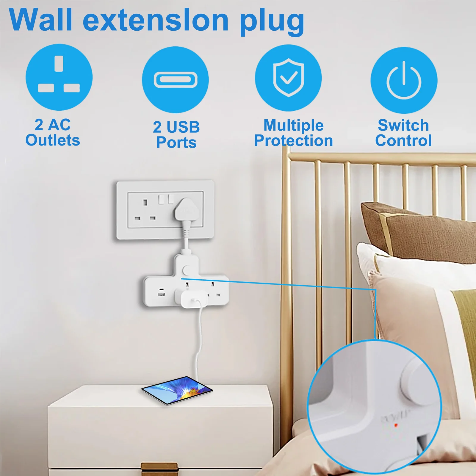 UK Power Plug Wall Outlet 13A 3120W Flexible Power Strip Outlets Extender USB Power Outlet Travel Power Adapter Home Office 5