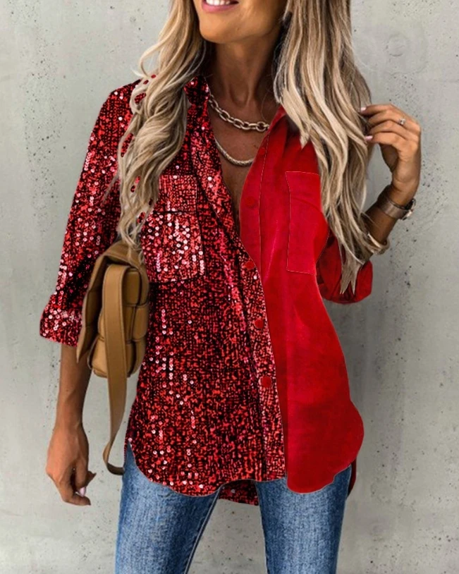Contrast Sequin Velvet Contrast Shirt 2023 New Hot Selling Fashion Casual Long Sleeved Single Breasted Women's women s 2023 new hot selling popular casual fashion contrast color splice sequin lace up jumpsuit in large quantity in stock