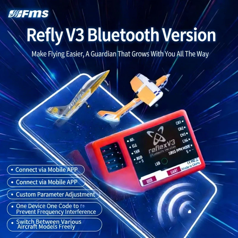 Récepteur RC Reflex V3 Beige pour Avion posé sur une surface, antenne dépliée, prêt à l'emploi