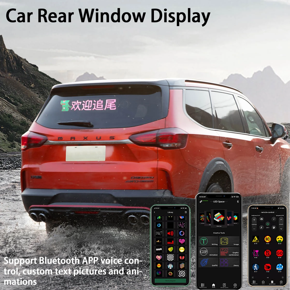 Led Display On Car Rear Window Support Bluetooth App And Voice Control