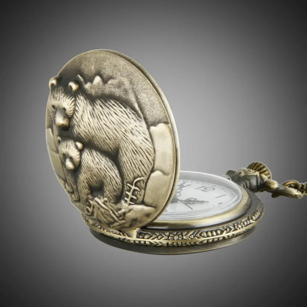 Bear Embossed Quartz Pocket Watch Retro Vintage Animal Analog Necklace Chain Watch For Women Men Christmas Father's Day Gift