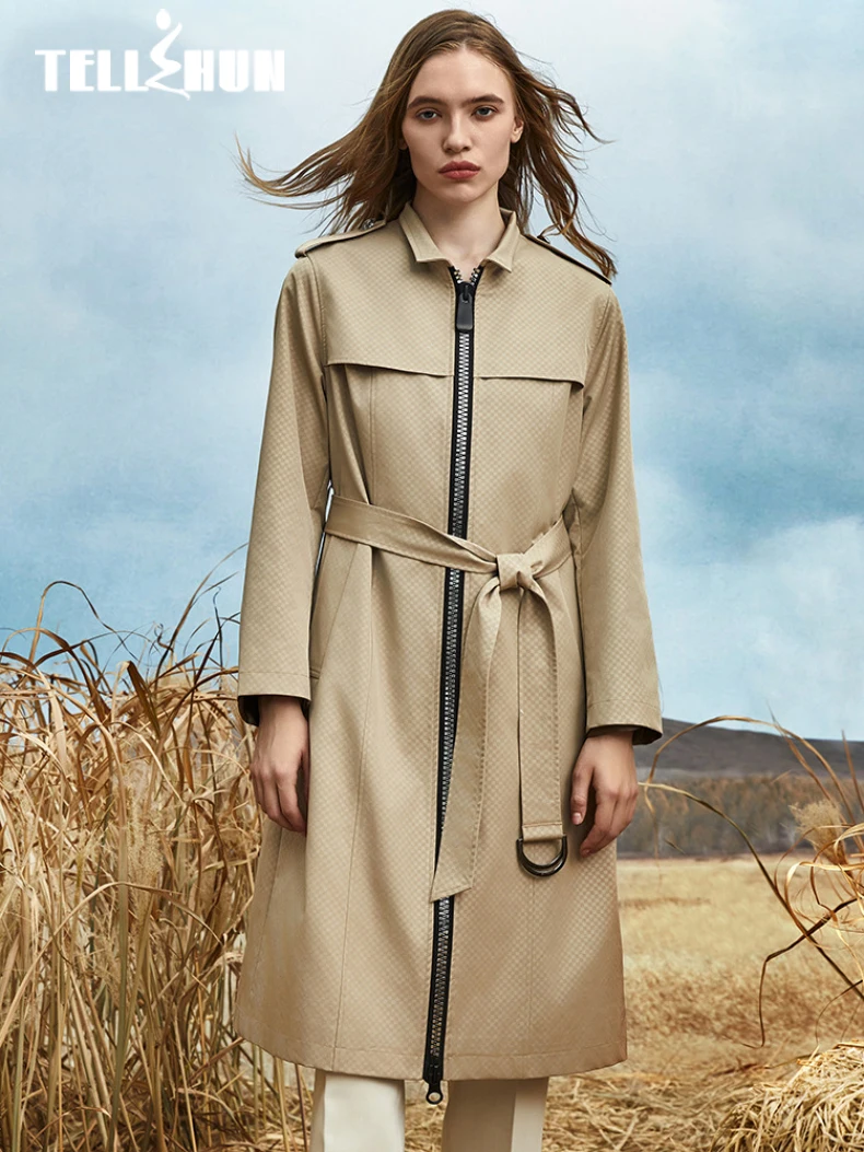

2023 Spring Autumn Women's Trench Coat Long Mock neck design Simple Windbreaker Parkas Casual Fashion Clothes Zipper Jacket