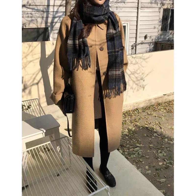 

South Korea East Gate Camel Double sided Wool Coat Women's Single breasted Mid length Versatile Wool Coat