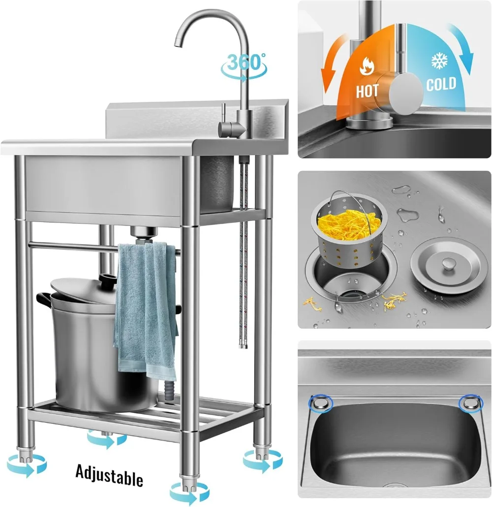 Utility Sink Free Standing Single Bowl Kitchen Sink with Cold and Hot Water Pipe Stainless for Laundry Room Bathroom Farmhouse 3