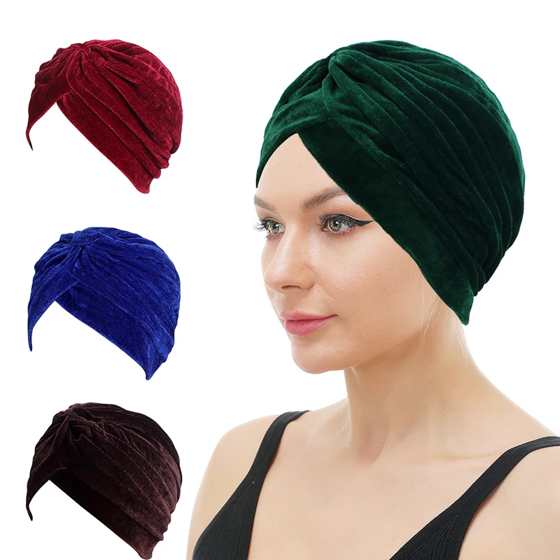 Women Velvet Cross Twist Turban Hat Headband Muslim Hijab Caps Female Hijab Underscarf Caps Hijabs Head Wrap Hair Accessories