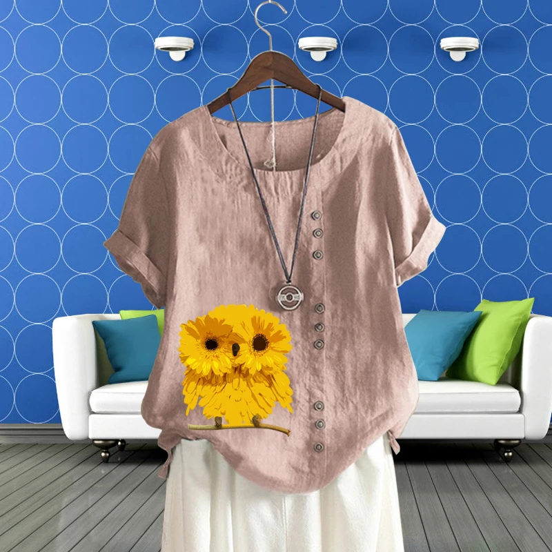 

Creative Owl Pattern Printed Short Sleeve Lady's Round Neck Top Women's Clothing Loose Linen T Shirt for Women Summer Casual Top