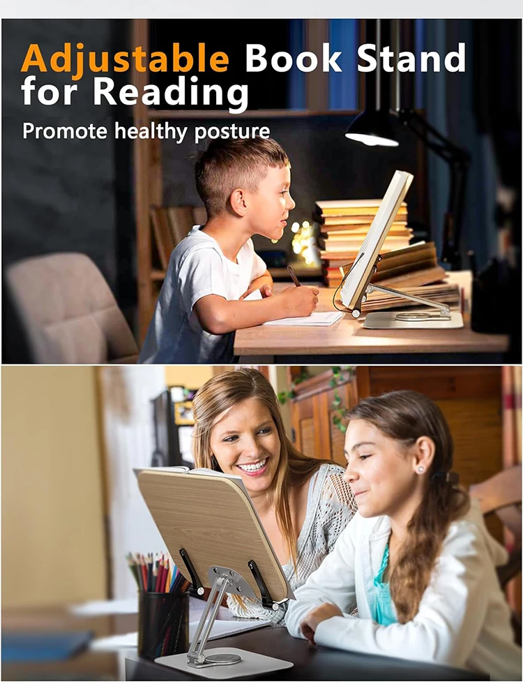 Desktop Book Stand for Reading with 360° Rotating Base Wooden Panel & Page Clips Foldable and Angle for Reading Book Holder 5