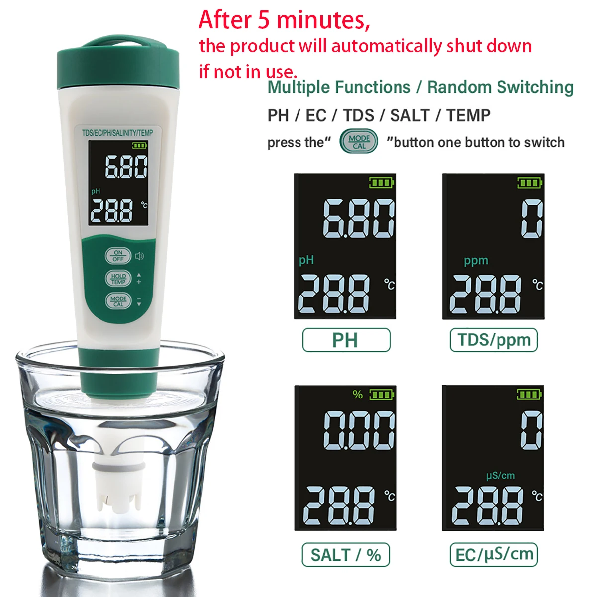 5-in-1 Water Tester Pool Salt Tester High Accuracy PH/EC/TDS/Salt/Temp Meter Water Analyzer for Pools Aquariums