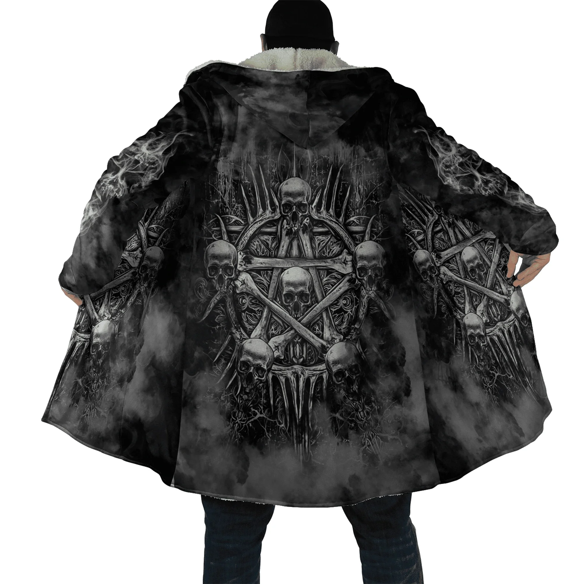PLstar Cosmos Herren-Umhang, Reaper, Totenkopf-Tattoo, 3D-Allover-bedruckter Fleece-Kapuzenumhang, Unisex, lässig, dick, warm, Cape-Mantel PF69 – Detail 18