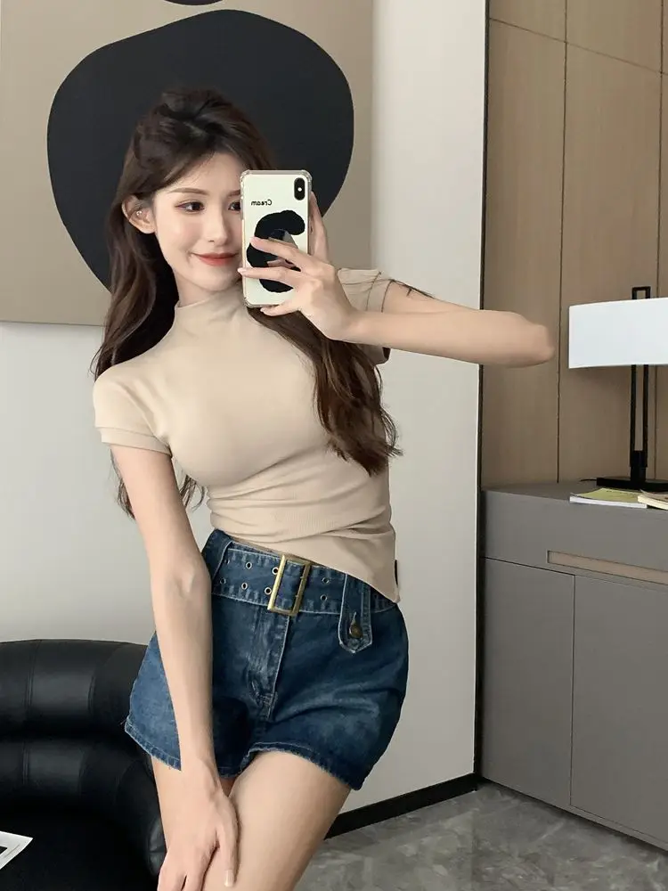WTEMPO Női Rövid ujjú póló Fél garbó Nyári Trend All-match Top Sexy Slim T-shirt Egyszínű Y2k Top 2023469_voghion.com