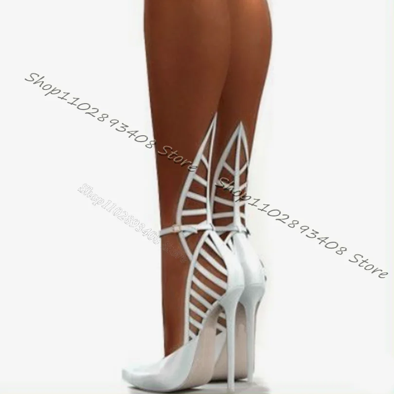 White Hollow Stiletto Pumps Ankle Buckle Pointed Toe Solid High