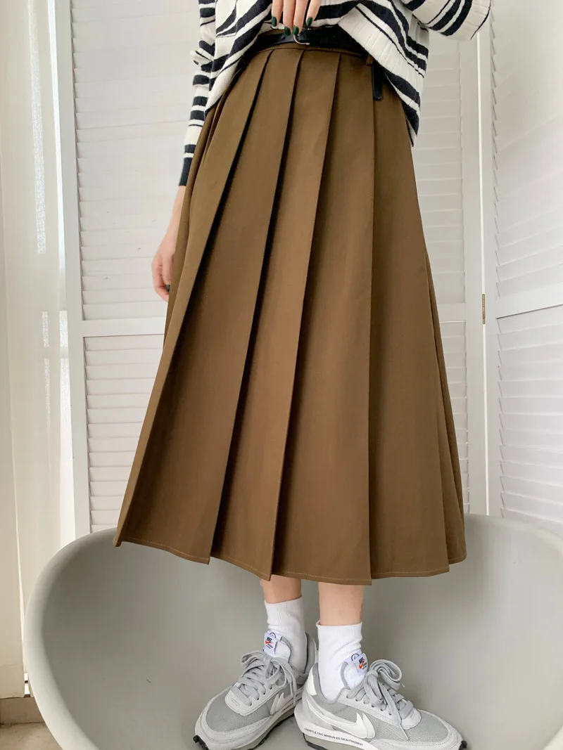 Alien Kitty Femme Prom Chic Women Mid-Length Skirts Solid All Match Casual 2022 New OL Pleated High Waist Autumn Daily Lady blue skirt