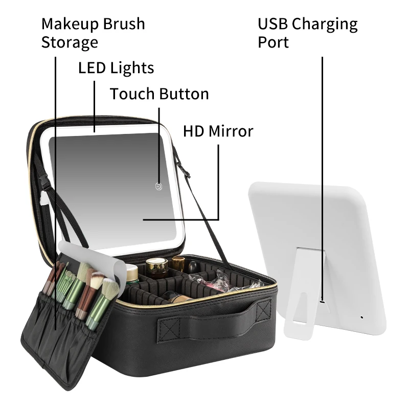 Travel Makeup Bag with Adjustable LED Light Cosmetic Organizer Case Portable Storage Pouch for Toiletry Cosmetics Holidays Gift