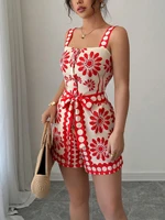 Women Playsuit Summer Strappy Romper Red Floral Print Square Neck Sleeveless Wide Leg Shorts Casual Beach Vacation Jumpsuit - Image 4